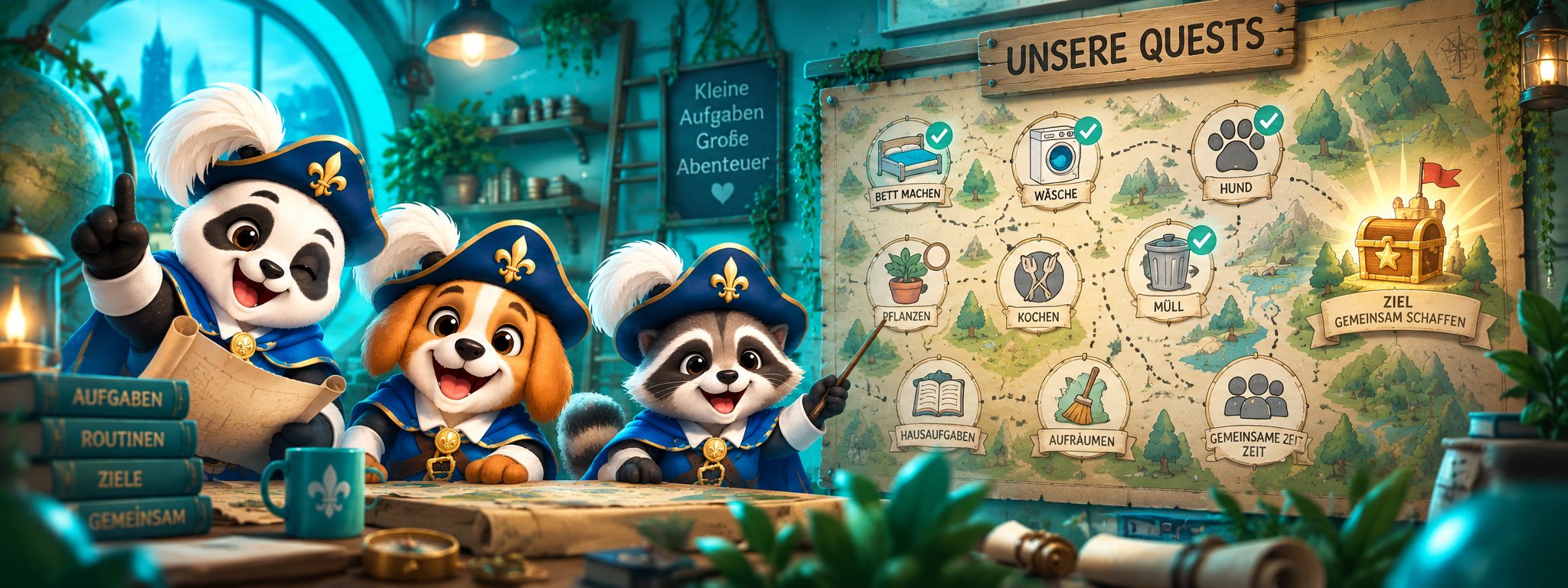 Drei Musketiere – Panda, Hund und Waschbär – planen vor einer Karte „Unsere Quests“ ihre Aufgaben: Bett machen, Wäsche, Hund, Pflanzen, Kochen, Müll, Hausaufgaben, Aufräumen, gemeinsame Zeit – Ziel: gemeinsam schaffen.